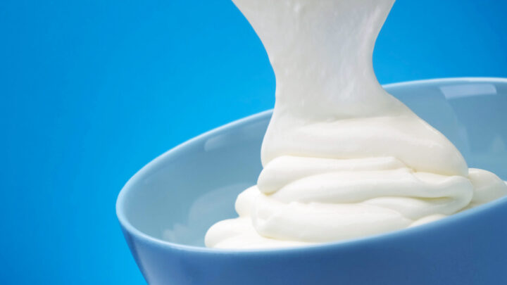 Flowing fresh greek yogurt on blue background