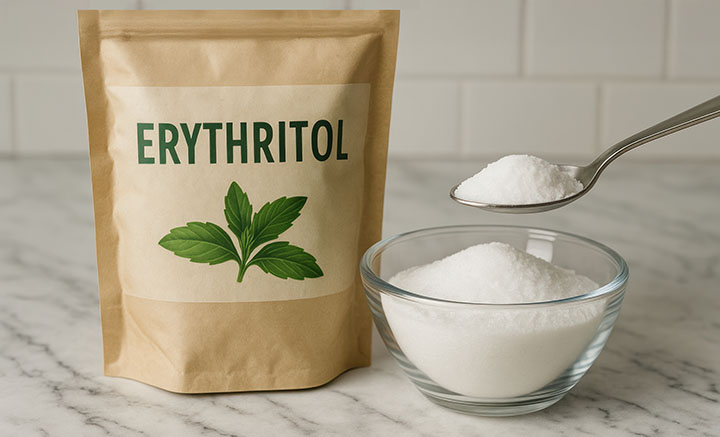 Erythritol is natural sweetener often used as sugar substitute various recipes and beverages. This showcases erythritol package alongside bowl