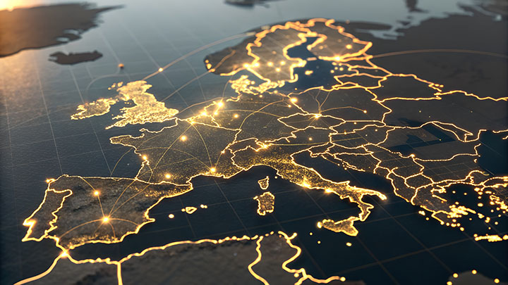 Glowing Map of Europe with City Lights and Connections