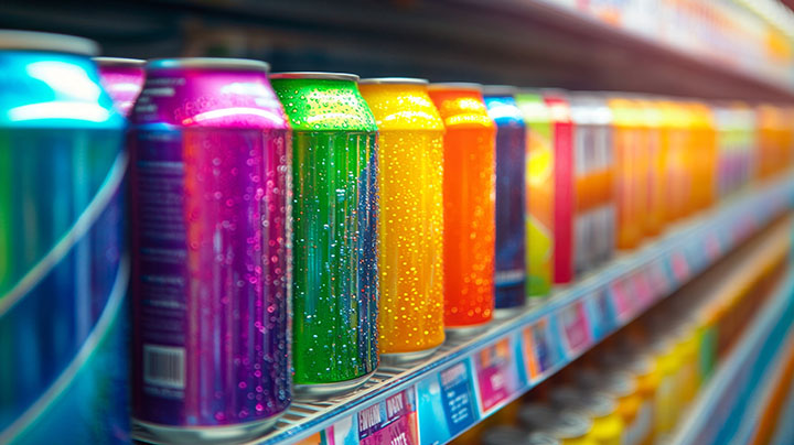 Colorful Cans of Diet Soda With Sucralose on Store Shelf Display
