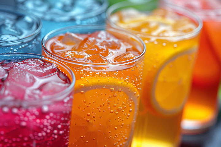 Close up of assorted soda drinks in colorful plastic cups filled