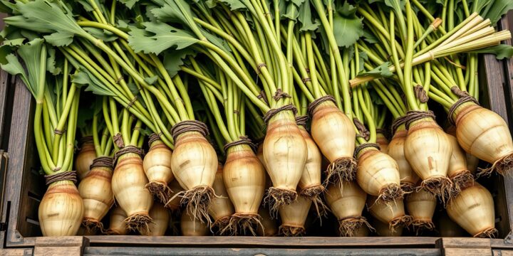 Freshly harvested Belgian chicory roots arranged in a crate, agricultural products, grocery staples
