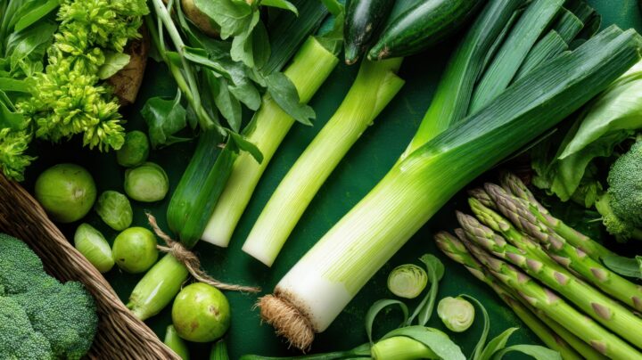 Various green vegetables displayed on a flat surface with a focus on freshness and variety at a market setting