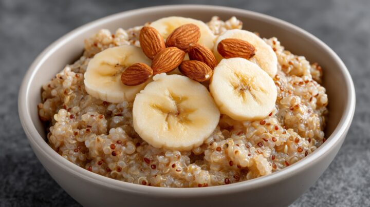 A bowl of oatmeal with banana slices and almonds