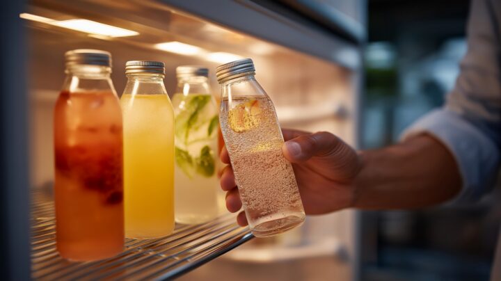 Person replacing sugary drinks with infused water bottles lined up in a modern refrigerator for weight loss, perfect for weight loss dietary swap concept, healthy hydration, sugar reduction, modern