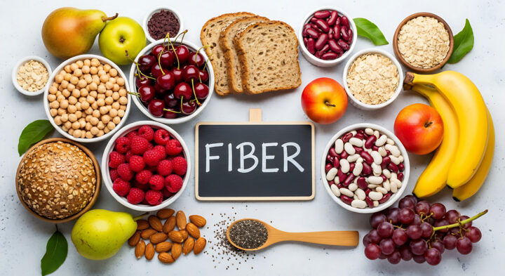 Assorted high fiber foods arranged around a chalkboard sign with various fruits and grains on display