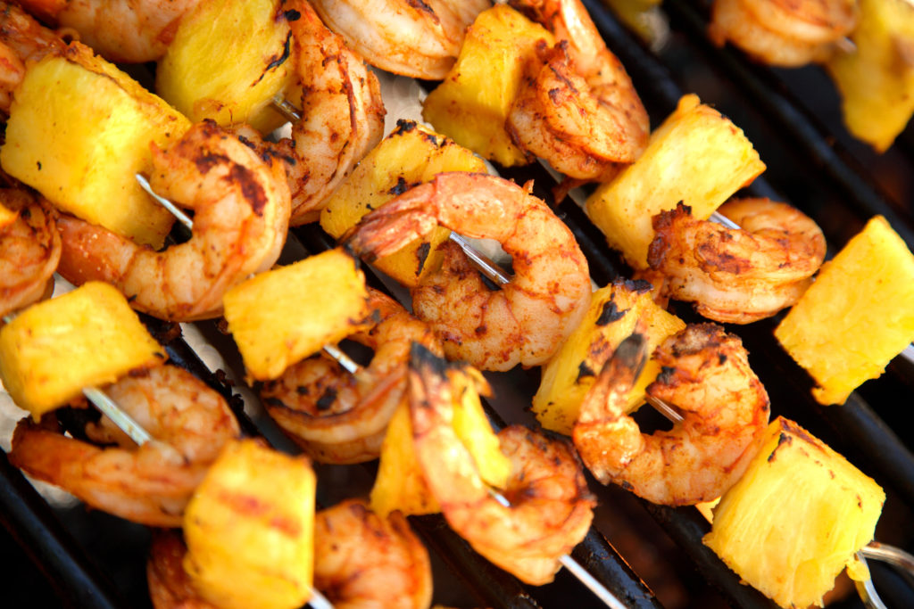Shrimp, Pineapple and Green Pepper Kebabs with Hot and Sour Dipping